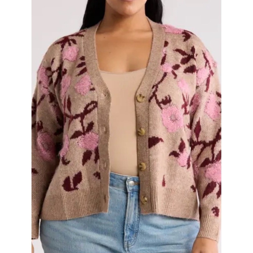 DR2 Nordstroms Floral Knit VNeck Cardigan Sweater button up Taupe Pink Sz 2X NWT